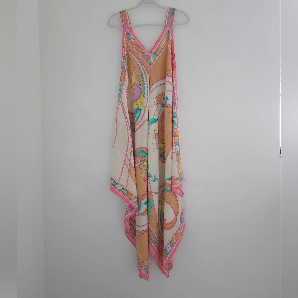 BRIJO Vintage Pastel Rolled Jacquard Silk Hankerchief V Tank Maxi Dress - Picture 10 of 16